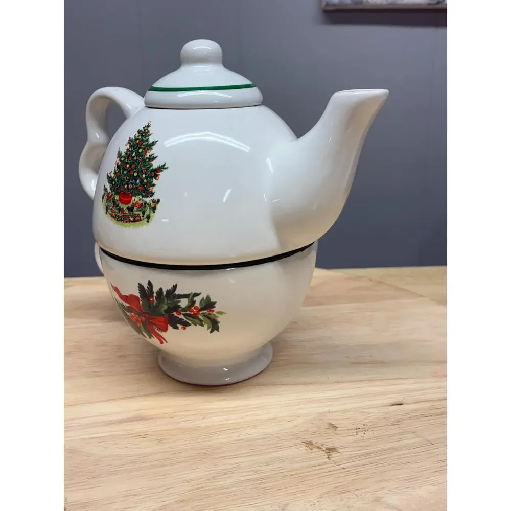 Pfaltzgraff Christmas Tree Tea for One Set | Teapot and Cup Stackable